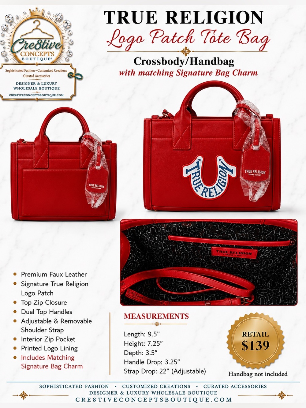 True Religion Logo Patch Crossbody Tote Handbag with Signature Bag Charm